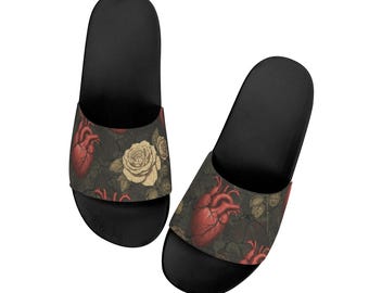 Anatomical Hearts and Roses Slide Sandals, Gothic Summer Sandals