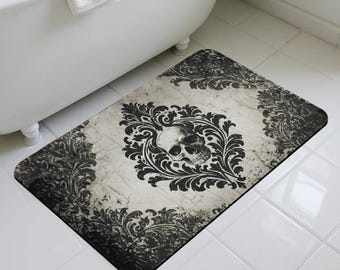 Vintage Damask Skull Bath Mat Gothic Bathroom Decor