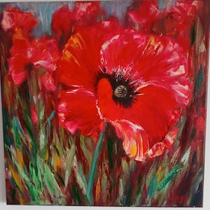 Red Poppy Oil Painting on Canvas | Original Flower Artwork | Modern Floral Wall Art | Bright Home Decor