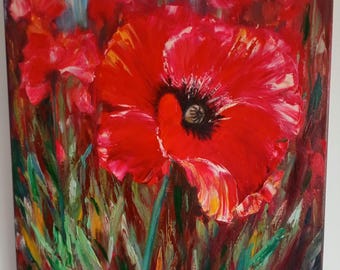 オリジナルの赤いポピーの油絵、花の静物画、8x8キャンバスアート