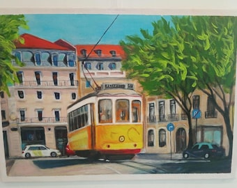 Portuguese Tram Painting | Lisbon Urban Landscape | Hand-Painted Acrylic Artwork