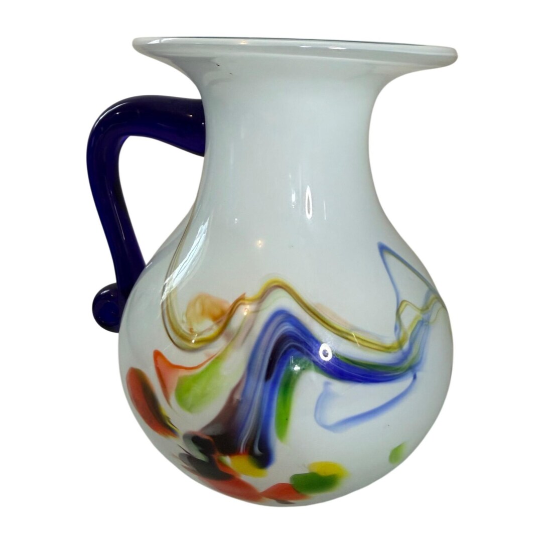 Hand-blown Multicolor Art Glass Pitcher With Blue Handle -6 