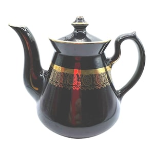 Hall China Black & Gold 6 cup Teapot-Empire/Filigree Scroll Pattern Vintage READ