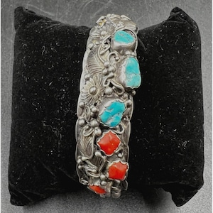 Vintage Sterling Silver Cuff Bracelet With Turquoise & Coral Inlays By JC