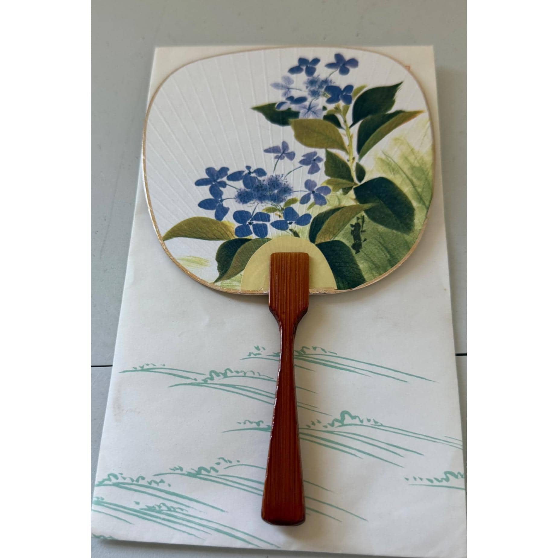 Vintage Japanese Mini Uchiwa Fan Hydrangea Floral with Paper Sleeve