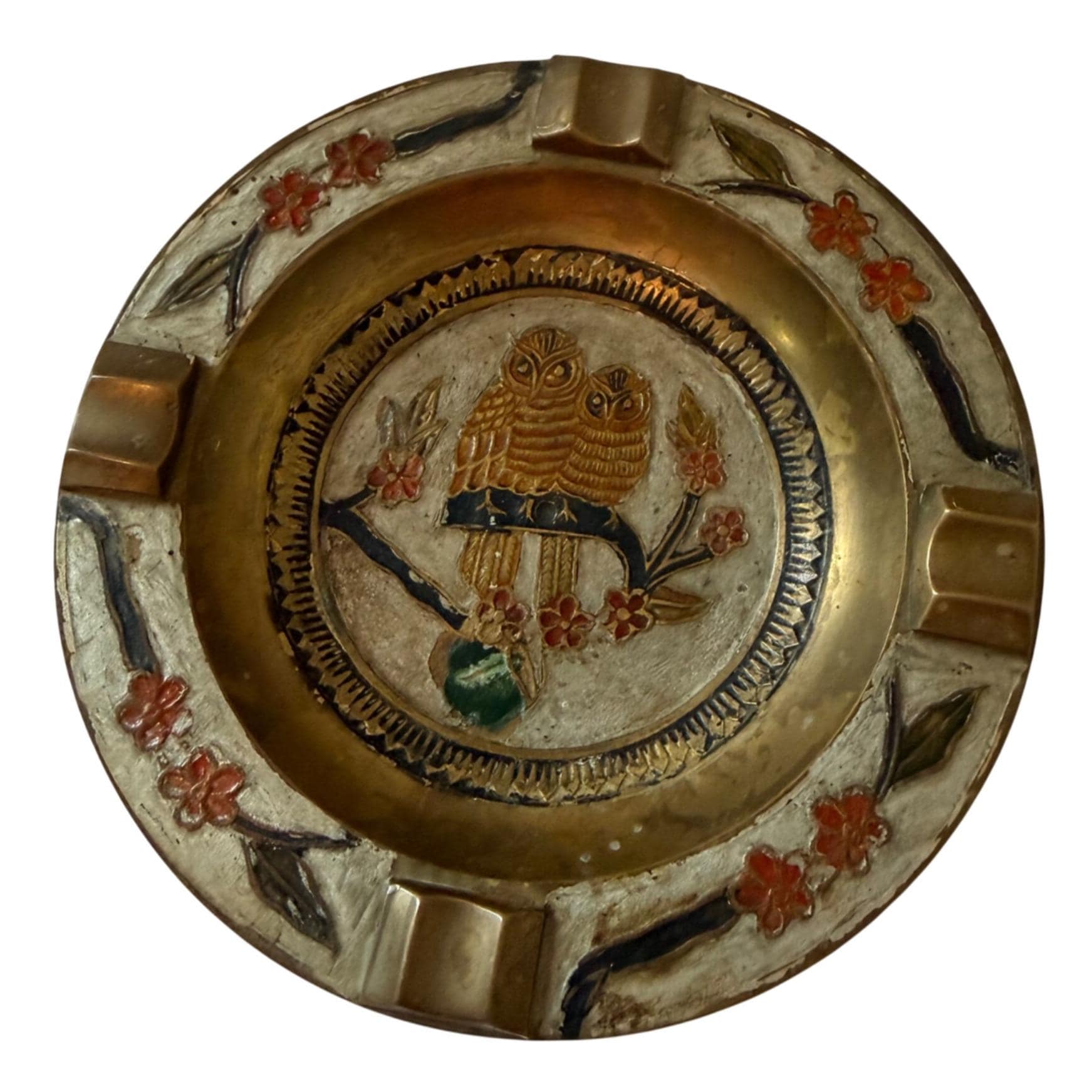 Vintage Brass Owl Ashtray Enamel Floral Double Owls 5.5" Decorative Catchall