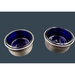 2 Sterling  & Cobalt Blue Glass Salt Cellars Vintage Melted Butter Condiments