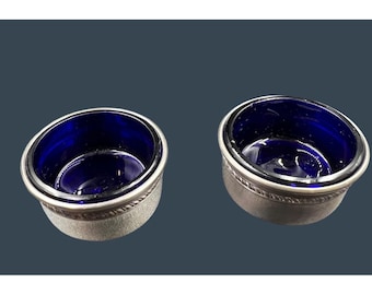 2 Sterling  & Cobalt Blue Glass Salt Cellars Vintage Melted Butter Condiments