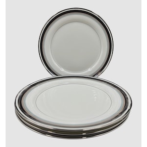 Mikasa Bone China Noir Pattern Dinner Plates Set Of 4 10.5&quot; Diameter Black/Beige/Gray Bands With Platinum Rim Made In Japan