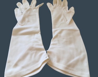 Vintage White Opera Gloves NOS Uncut Nylon Mid Length Bridal Shirred w/ Buttons