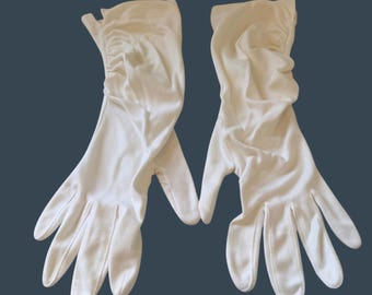 Guantes de ópera blancos vintage de longitud media, nailon fruncido en la muñeca, estilo nupcial retro, talla M