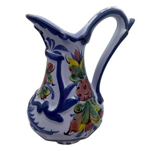 Vtg Hand Painted Portuguese Pottery Pitcher Floral Cobalt Blue Majolica Style