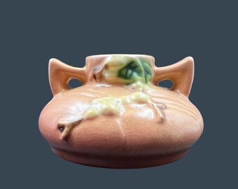 Roseville Pottery Snowberry Double Handle Candlestick Dusty Rose Art Deco