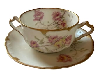 Antieke Haviland Limoges bouillon schotel met dubbel handvat Baltimore Rose, Frankrijk