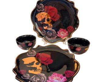 Goth Skull Dinnerware Set for 2 Black Magic Plates Bowls Roses Halloween Scalloped Edges
