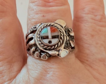 VTG Sterling Silver Southwestern Style Inlay Ring Multi Stone Sun Face Sz 11