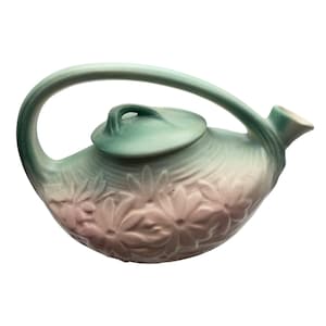 Vintage McCoy Pottery Teekanne mit Blumenmuster und Deckel, rosa-grüne matte Glasur, Gänseblümchenrelief