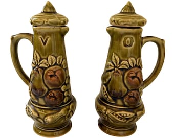 Vintage Made in Japan Ceramic Oil & Vinegar Cruets Green Fruit Kitchen Decor Set