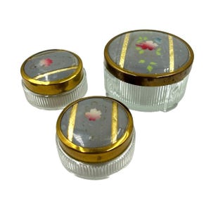 Art Deco Glass Vanity Jar Set with Worn Floral & Gold-Tone Lids Set of 3 READ