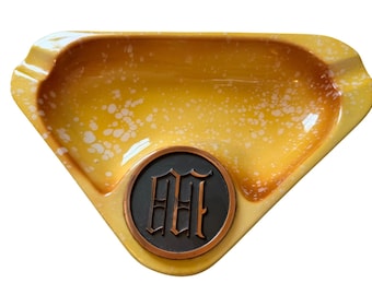 VTG Hyde Park Ashtray Yellow Orange Speckled Mid Century Roseville USA