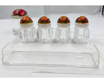 VTG Stokes Plexiglas Acryl-Gewürz- & Jam-Set mit Rack-Embeded-Obstdeckeln England