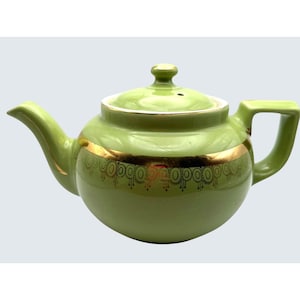 VTG Hall China Company Teapot Light Green Globe Shape with Gold Accents and Trim