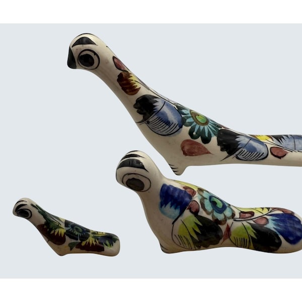 Juego de 3 figuras de arte popular pintadas a mano de pájaros de cerámica de Talavera de RS México firmadas