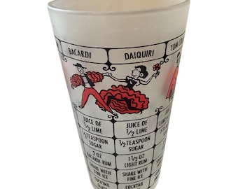 Vaso mezclador de cócteles Vintage Federal Glass, estilo MCM, acabado esmerilado, rojo y negro.