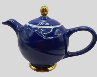 Hall Moderne  Drape Cobalt Blue Gold Trim Teapot 6 cups with lid VTG Art Deco