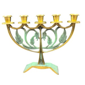 Vintage Brass & Verdigris Oppenheim 5 Branch Menorah Made in Israel Jewish READ