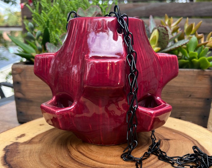 Vintage Mccoy Hanging Strawberry Pot/burgundy With Replaced Chain Etsy