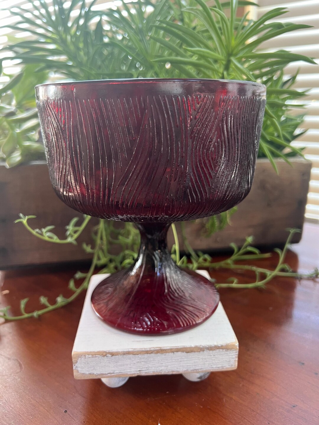 Vintage Red Hoosier Glass Compote Dish With Wood Grain Pattern - Etsy