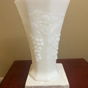 Vintage Anchor Hocking Milk Glass Octagonal Vase w Grape/ Leaf Pattern