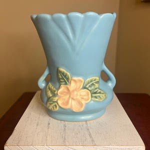 Vintage Weller Pottery Blue with “ Blossom” Pattern- Light Matte Finish 5 1/4” H