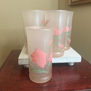 Vintage MCM Libby Set of 6 Pink Lightly Frosted Glasses with Pink Painted Flowers-12 ounces