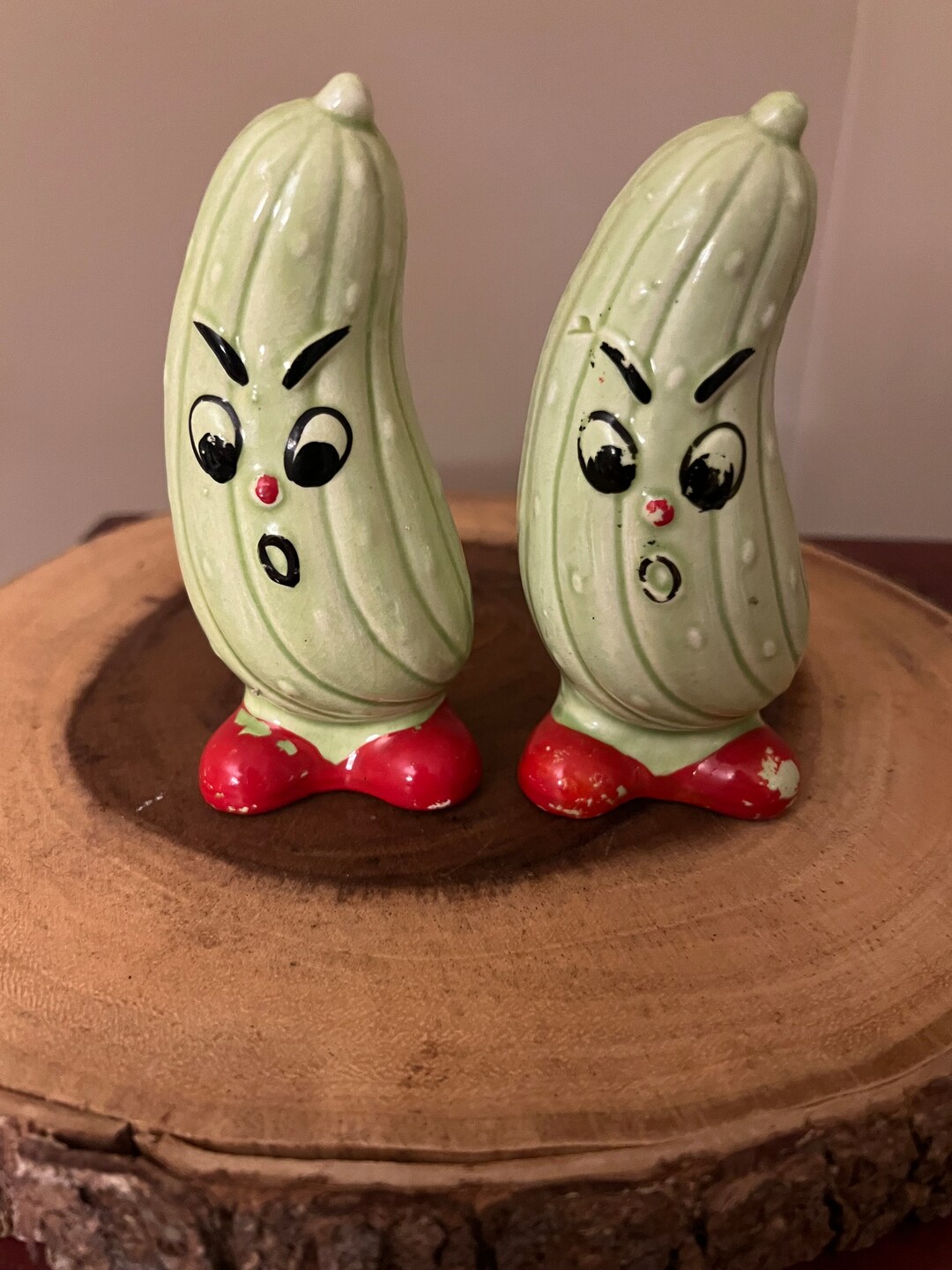 Vintage Anthropomorphic Angry Cucumber Salt and Pepper Shakers/ Made in