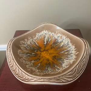 Vintage MCM Orange/ Brown Drip Glazed Pottery Bowl- Coffee Table Bowl