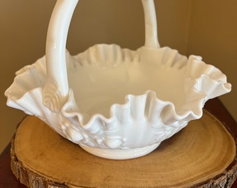 Vintage Fenton Milk Glass Cabbage Rose Beautiful  Basket Easter Decor