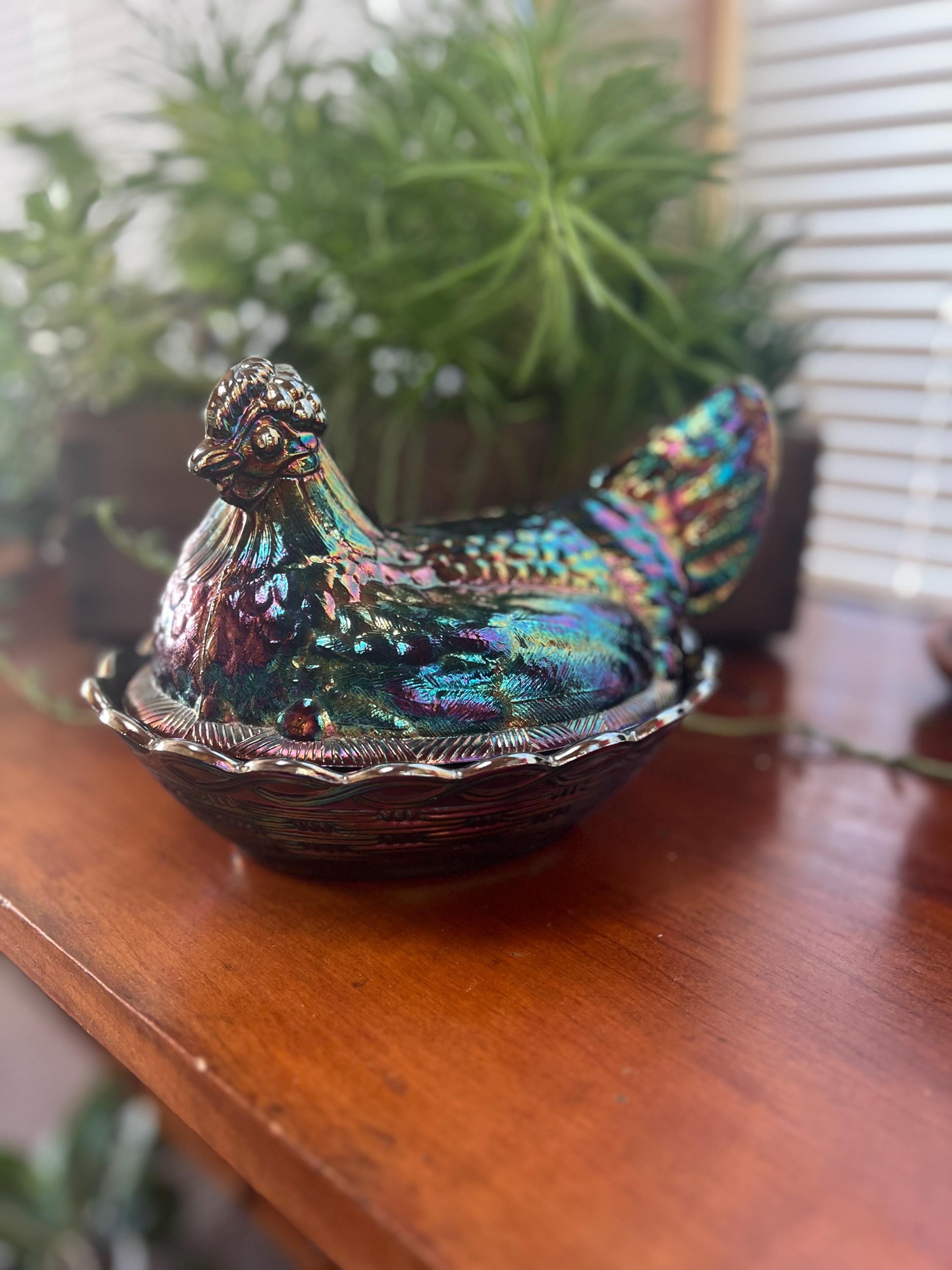 Vintage Fenton Large Hen on Nest- Blue Iridescent Carnival Glass