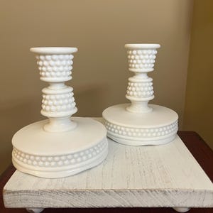 Vintage Westmoreland Milk Glass Candlestick Holder Pair- American Hobnail