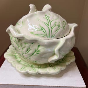 Vintage Cabbage Bowl/Tureen with Saucer/Plate- White with Green- Holland Mold Ceramics