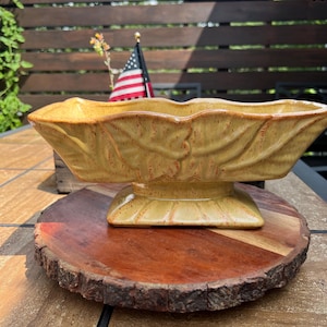 Vintage Footed Rectangular Planter- Leaf Design/ Yellow Gold Speckeled Glaze-11 1/2” L