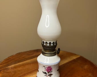 Vintage Mini Oil Lamp w Ceramic Base( Pink Rose Detail) and Milk Glass Chimney-7 1/4” H