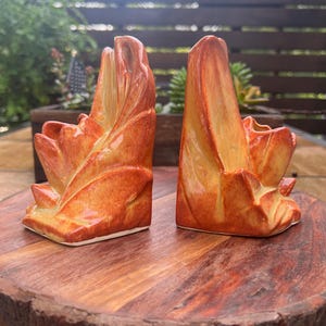 May include: A pair of ceramic bookends featuring a stylized, abstract leaf or flame design. The pieces have a glossy, variegated glaze in shades of burnt orange, amber, and yellow, with smooth, curved surfaces and a flat base for stability.