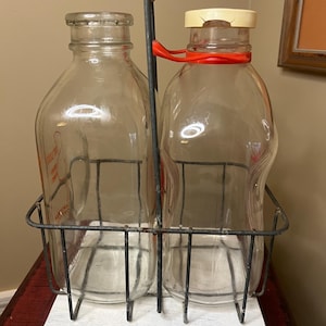 Vintage Rustic Metal Red Handled Milk Bottle Carrier w 2 Half Gallon Vintage Glass Bottles