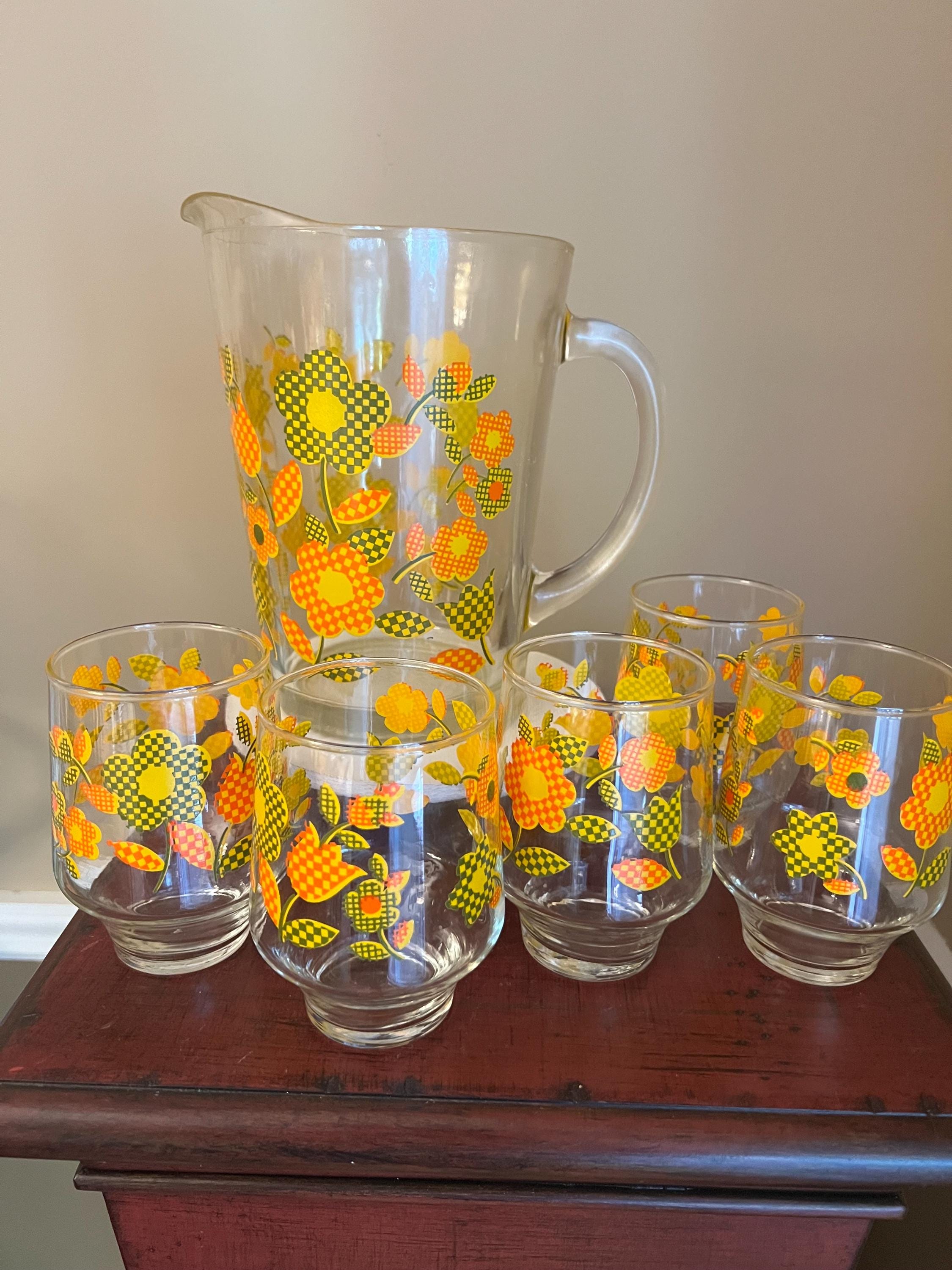 Vintage Retro/mcm Glasses5 and Matching Pitcher-orange/green/yellow Gingham Flower Bockway Glass - Etsy Vintage Retro/mcm Glasses5 and Matching Pitcher-orange/green/yellow Gingham Flower Bockway Glass - Etsy