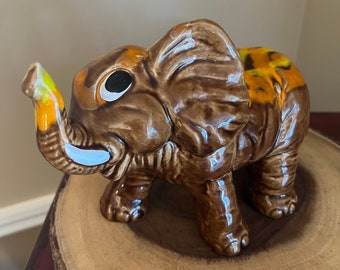 Vintage 70s Ceramic Elephant with Brown and Orange Drip Glaze/ Trunk Up