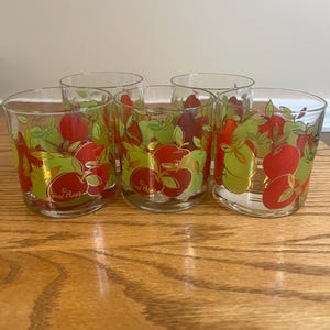 Vintage Fred Press Low Ball Glasses Set-(5) Apple( Red and Green) with Gold Accent 8oz FREE SHIPPING