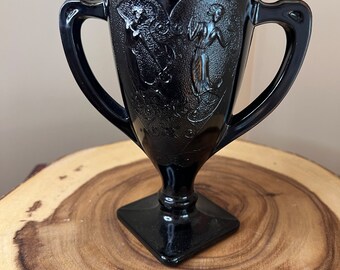 Vintage L E Smith Black Amethyst Glass Trophy Vase with Heart