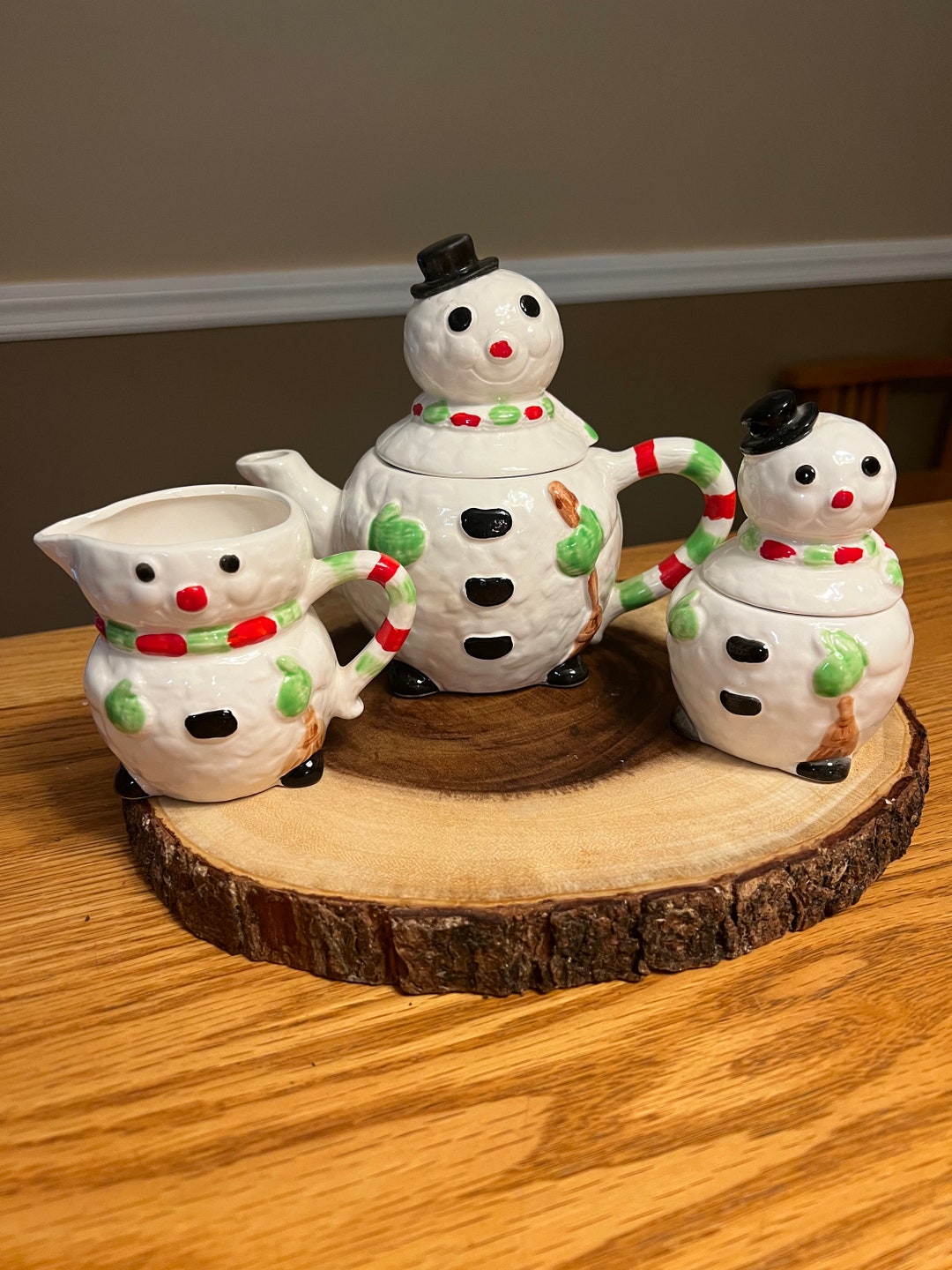 Vintage Christmas Enesco Snowman Tea Set Etsy